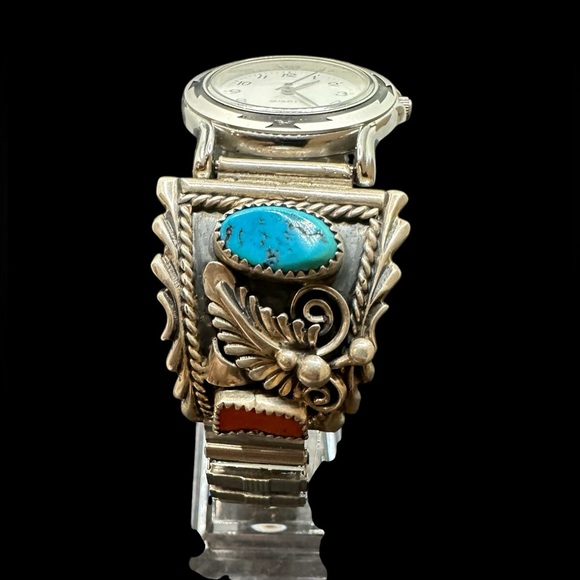 Vintage Sterling Silver Navajo Turquoise Stone Band Watch - Picture 3 of 4